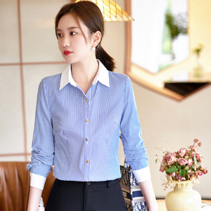 Blue Striped Long Sleeve Shirt Women Cotton Poplin Office Wear Contrast Collar Autumn Top - Product Image 4