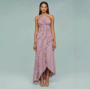 Abito lungo <span class=keywords><strong>da</strong></span> <span class=keywords><strong>donna</strong></span> in chiffon plissettato con scollo all'americana, orlo asimmetrico con volant, abito <span class=keywords><strong>da</strong></span> sera fluido ed elegante - Product Image 1