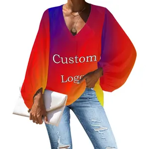 Elegant Long Sleeve Blouse for Women Print On Demand V Neck Plus Size Chiffon Tops for Ladies Chiffon Shirts Custom Wholesale
