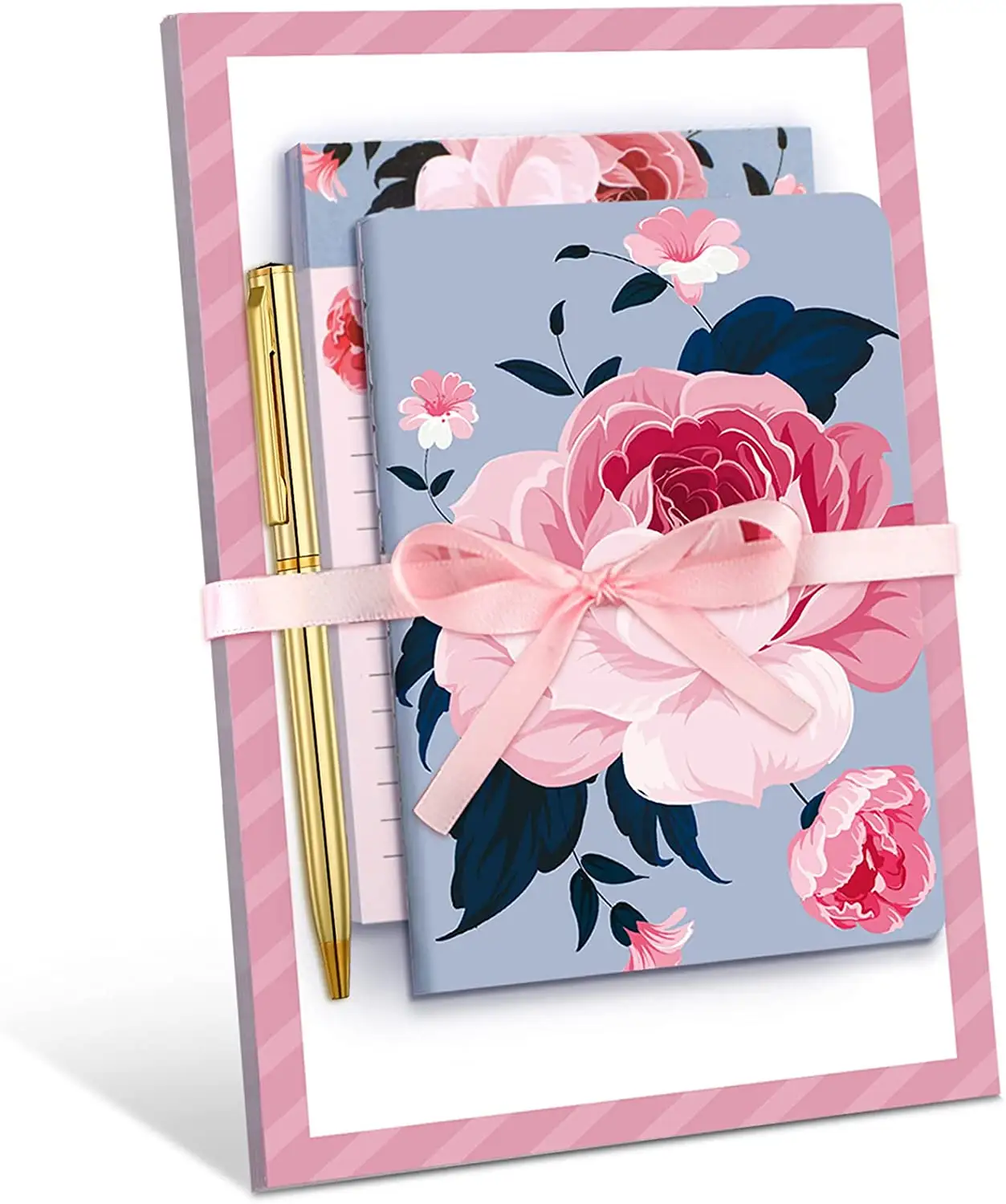 Labon 4 peças flores bloco de notas, pacote de caneta pretty rosa notepads caneta e papelaria conjunto para presente