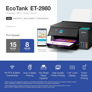 Imprimante couleur tout-en-un sans fil Epson EcoTank ET-2980 avec réservoirs d'encre rechargeables jusqu'à 3 ans - Product Image 6