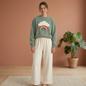 เสื้อสเวตเชิ้ตคอกลมสีเขียวสำหรับผู้หญิงและชุดกางเกงขายาว แต่งลายดอกไม้ สไตล์ลำลอง สำหรับชุดลำลอง ผ้าโพลีเอสเตอร์ฟลีซ เอวยางยืด สำหรับฤดูใบไม้ร่วง - Product Image 1