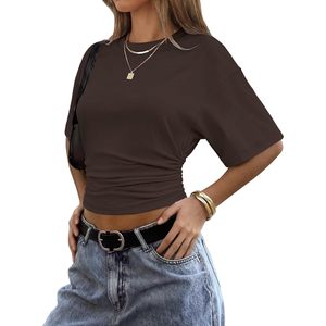 FOXA Crop Top Short Sleeve Ruched Waist Slim Fit O Neck Summer Casual Women's Basic Tee Fashion T Shirt - Product Image 3