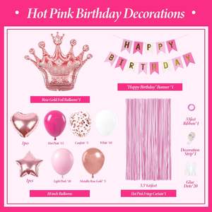 קישוטי יום הולדת נסיכה ורוד לוהט לנשים, בלונים לבנים ורודים בהירים, באנר, וילונות גדילים, יום הולדת 21-60 שמח - Product Image 3