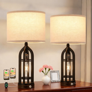 Lámpara de mesa negra moderna con puerto USB y control táctil para dormitorio, sala de estar, diseño de linterna estilo rústico - Product Image 1