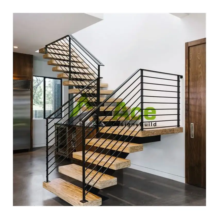 Деревянная лестница со светодиодной подсветкой, дизайн лестницы, одиночный строгер, закаленное металлическое Кабельное ограждение