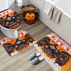 Set <span class=keywords><strong>Bagno</strong></span> Halloween 4 Pezzi: Tenda Doccia con Tappetino, Copri WC, Design Vampiro e Zucca, Impermeabile per Feste e Decorazioni Casa - Product Image 2