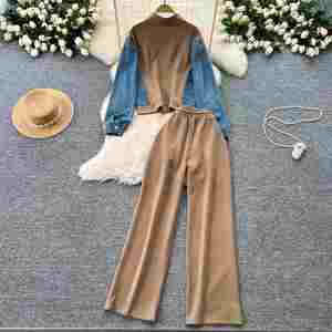 Ensembles décontractés pour femmes : Haut et pantalon en jean patchwork taille haute – Survêtements de jogging en gros - Product Image 4