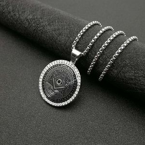 yunnique <b>Titanium</b> Steel Freemasonry Pendant Necklace Round Geometric Pyramid Design Pave Setting Unisex Gift Jewelry - Product Image 3