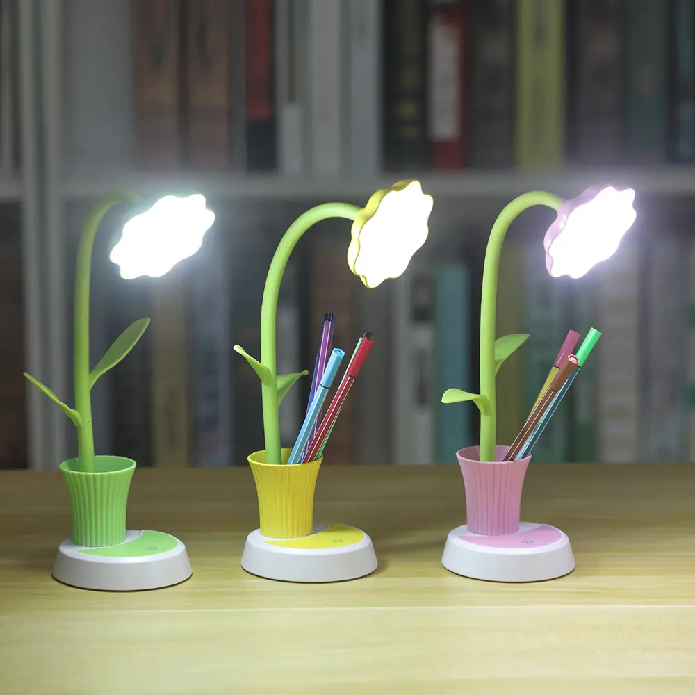 Lampu Meja Baterai Dapat Diisi Ulang Led Bunga Matahari, Lampu Meja untuk Anak-anak Membaca dengan Pemegang Pena
