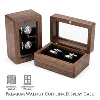 Boîte à boutons de manchette en bois de noyer de luxe Landy, boîte avec couvercle en verre, accessoire pour homme, rangement, emballage cadeau, logo personnalisé, vente en gros