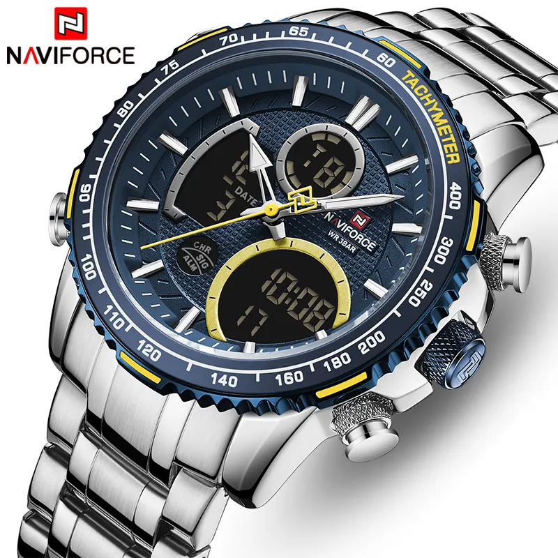 Naviforce 9182 SBE นาฬิกาดิจิทัลควอทซ์อนาล็อกกันน้ำหรูหราสำหรับผู้ชายนาฬิกาข้อมือควอตซ์แบบอนาล็อกสำหรับผู้ชายนาฬิกา LCD ของผู้ชาย