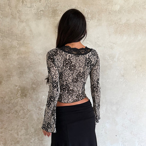 Sexy profondo scollo a v <span class=keywords><strong>in</strong></span> <span class=keywords><strong>pizzo</strong></span> <span class=keywords><strong>nero</strong></span> a manica lunga da donna Crop top eleganti da donna alla moda da ufficio indossano <span class=keywords><strong>camicetta</strong></span> e top Slim Fit - Product Image 4