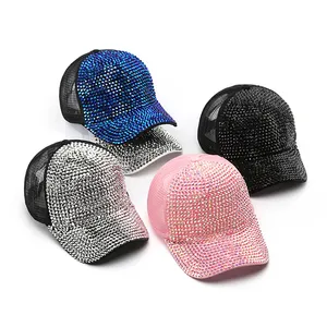 2023 supplier usa genuine mesh fabric sport baseball cap girl glitter rhinestone trucker hat solid pink with adjustable buckle