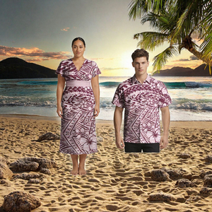 Conjunto Casual de Verano para Parejas, Tallas Grandes, Vestido Aloha con Cuello Cruzado en V para Mujer, Camisa Samoana para Hombre, Estampado Floral Polinesio - Product Image 1