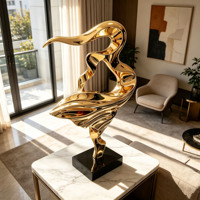 Statue en métal de danseuse au ruban fluide avec base en marbre noir pour hall d'hôtel haut de gamme, sculptures en acier inoxydable