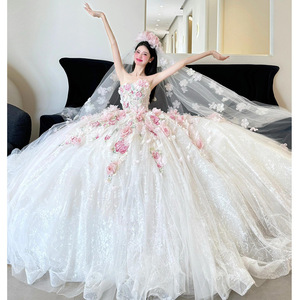 Vestido de <span class=keywords><strong>Novia</strong></span> Moderno sin Tirantes con Cola de Capilla, Talla Grande, Estilo 2025, Largo hasta el Suelo, Color <span class=keywords><strong>Rosa</strong></span> Claro, Encaje Floral, Corte en A - Product Image 6