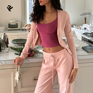 Abbigliamento Casual da <span class=keywords><strong>Donna</strong></span>, Set Due Pezzi con Cardigan a Maniche Lunghe con Scollo a V e Bottoni e <span class=keywords><strong>Pantaloni</strong></span> a Zampa, Completo <span class=keywords><strong>Rosa</strong></span> per Signore - Product Image 3