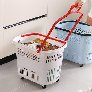 Grand chariot de courses portable en plastique pour supermarché, avec poignée et roues - Product Image 4