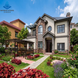 Villa préfabriquée en acier léger de style campagnard américain, 2 étages, revêtement en pierre, fenêtre ronde, aménagement paysager, maison résidentielle de luxe - Product Image 1