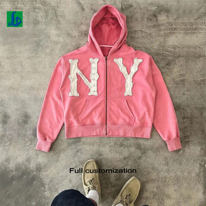 Custom Exquisite Embroidery Craft Reinforced Zippers Pink Cotton Zip-Up <strong>Hoodie</strong> Bone-Shaped '<strong>NY</strong>' Embroidery Jinhui Men's Autumn - Product Image 1
