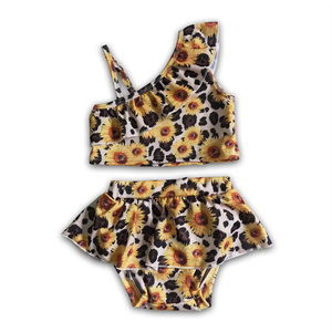9 choix de maillots de bain pour filles de style occidental, imprimé tournesol, guépard, floral, à une épaule, avec volants, ensemble de plage - Product Image 1