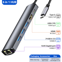 ULT-unite Usb-C 6 en 1 Hub Usb3 Hdmi Gigabit Ethernet Hub Hdmi 4K Pd 100W Usb 3,0 Tipo C Multipuerto Hub