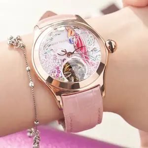 Reef Tiger-relojes de lujo para mujer, correa de cuero con esfera rosa, mecánico, oro rosa, RGA7105