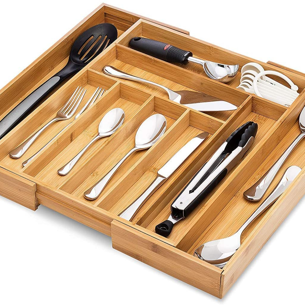 Бамбуковый выдвижной ящик-органайзер, Регулируемый Поднос для столовых приборов