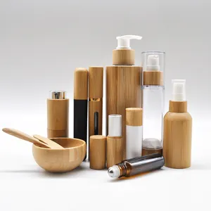Cosmetic Packaging Set 15g 30g 50g Cosmetic Jar Spray Bottle Eco Friendly Bamboo 100ml Bamboo With Bamboo Cap Glass Dropper