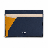 Porte-cartes en cuir bleu marine, étui minimaliste pour cartes avec panneaux color block, poche géométrique et fentes horizontales, offre OEM