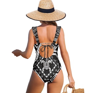Traje de Baño de una Pieza con Estampado Tribal Hawaiano Maorí, Cuello en V con Volantes, Estampado Geométrico de Tortuga en Blanco y Negro para Mujer - Product Image 3