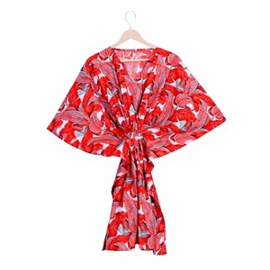 Vestido Kaftán Midi Bohemio de Algodón Puro con Estampado Floral para Mujer, Ecológico, Cuello en V, Manga Corta, Borlas, Volantes, Cintura Natural, para Playa, Verano - Product Image 1