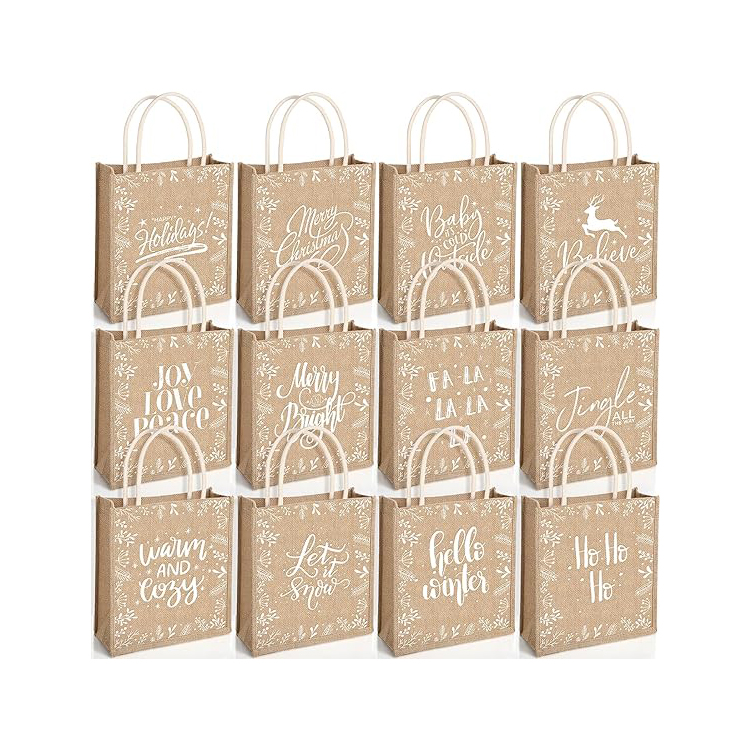 Christmas Jute Burlap Tote Bags Foldable Reusable Burlap Shopping Bags with Handles