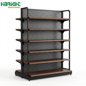 Étagères de supermarché modernes en acier blanc avec cadre imitation bois, étagères gondoles durables pour les magasins de quartier - Product Image 2