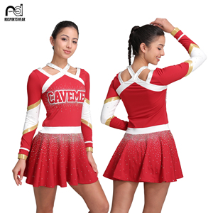 Uniformes de Porristas Personalizados para Niñas de Secundaria, con Lentejuelas, Manga Larga, Color Rosa, con Faldas con Volantes - Product Image 1