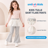 Pantalon évasé personnalisé Smiledotkids pour enfants, gris, côtelé, avec volants en tulle à la taille, OEM ODM, pour petites filles, vente en gros
