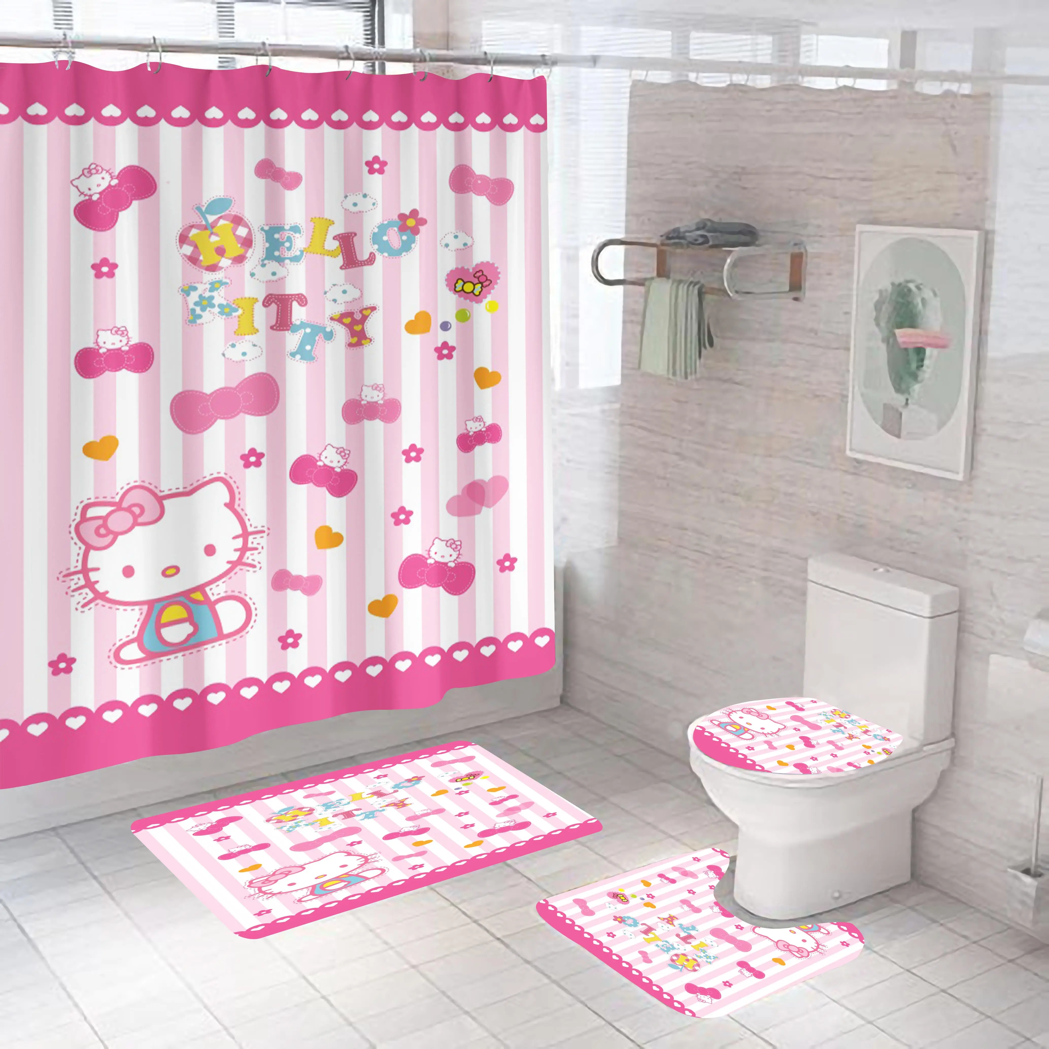 High quality wholesale printing custom 3d pink hello kitty bathroom shower curtain set 4 pieces