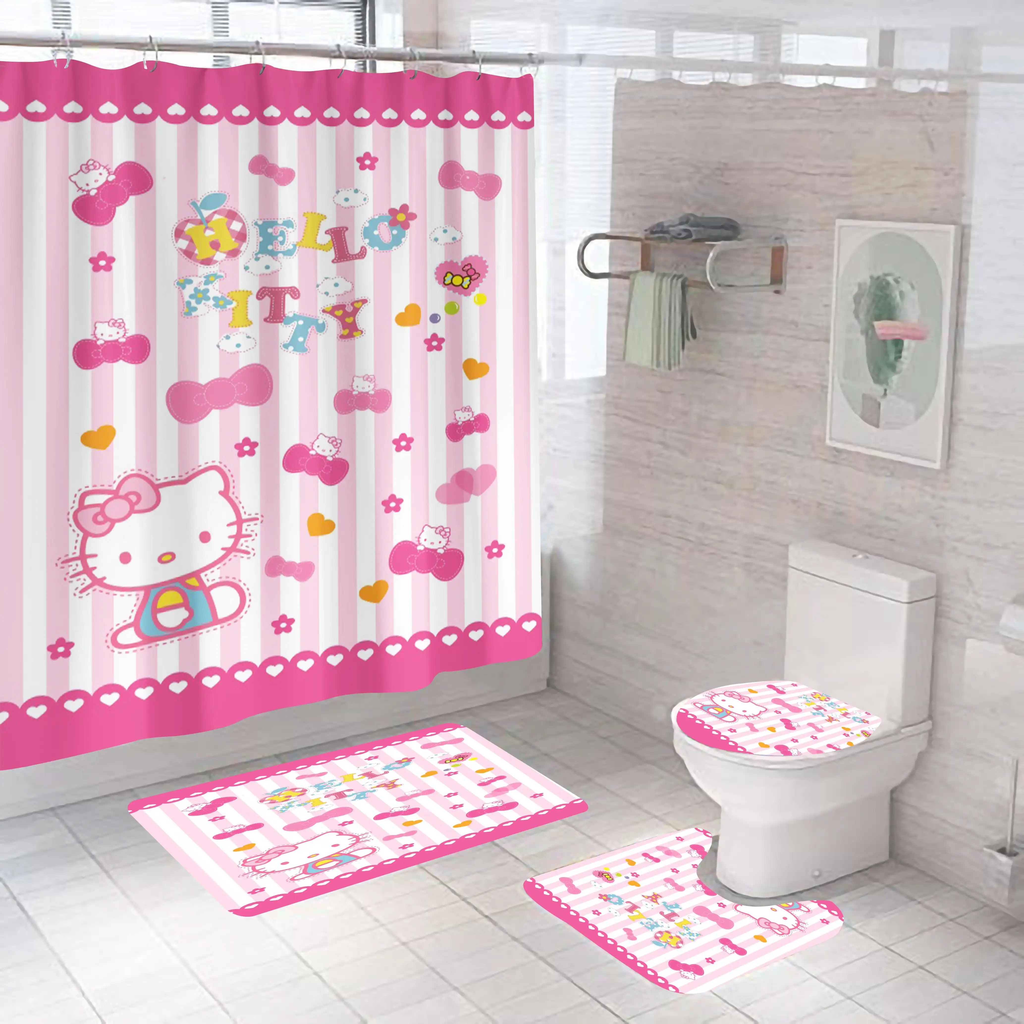 シャワーカーテンセットカスタム3Dピンクハローキティバスルーム4個