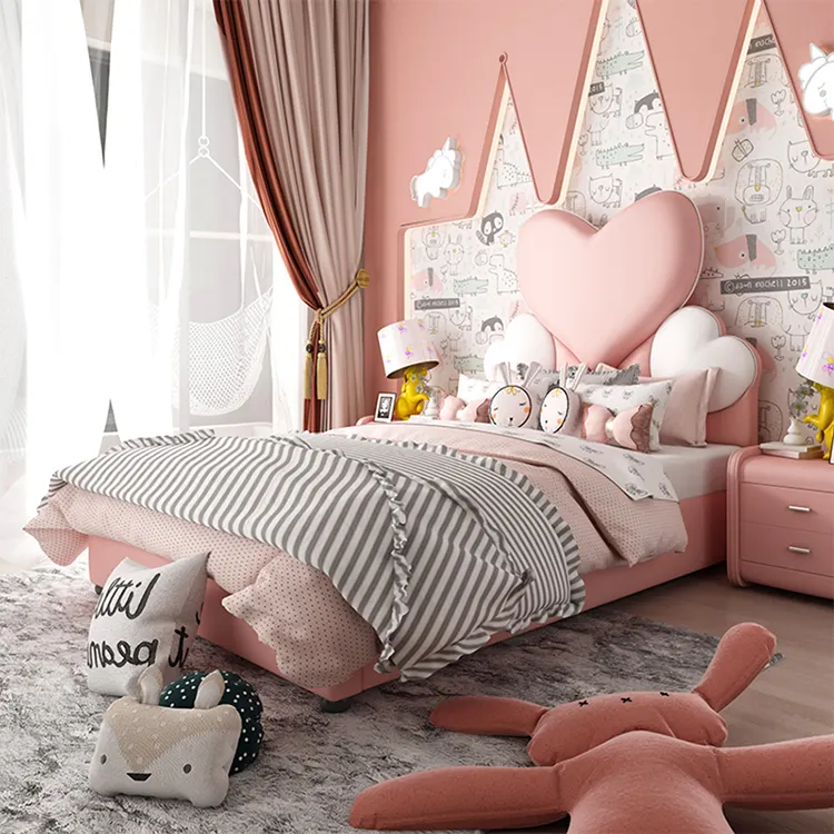 Кожаная Современная розовая детская кровать большого размера из массива дерева для девочек и мальчиков комплект мебели для комнаты дизайн для детей