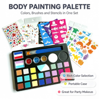 Palette de peinture corporelle et faciale 24 couleurs pour enfants, à base d'eau, avec pochoirs à paillettes pour Halloween, cosplay et fêtes