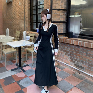 Plus Size Women Autumn V Neck Long Sleeve T Shirt Dress Korean Style A Line Midi Skirt Contrast Color Daily Wear - Product Image 2