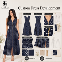 Robe mi-longue fluide à pois smockée en polyester lavable à col en V sans manches pour femme, idéale pour les cocktails – Bleu marine