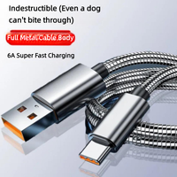 Câble USB C tout métal indestructible, charge super rapide 6A, cordon de charge Type C résistant aux morsures de chien, flexible et sans nœuds