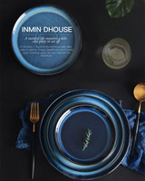 Assiette de table en porcelaine émaillée bleue effet four, vaisselle décorative en céramique pour mariage, assiettes à steak, plats de service pour desserts