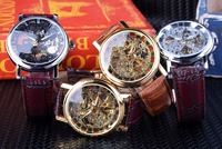 Montre de luxe pour hommes, bracelet en cuir marron, squelette mécanique, boîtier doré Transparent, décontracté, nouvelle collection