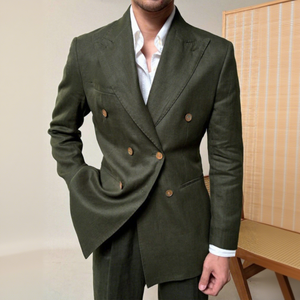 Completo <span class=keywords><strong>da</strong></span> <span class=keywords><strong>Uomo</strong></span> Estivo <span class=keywords><strong>in</strong></span> <span class=keywords><strong>Lino</strong></span> 100% Italiano, Sottile, Doppiopetto, con Colletto a Revers, Stile Napoli - Product Image 1