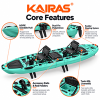 Kayak de pêche modulaire tandem personnalisé de 4,5 m en HDPE pour 2 personnes, avec propulsion à double aileron et bacs à poissons vivants de 60 L