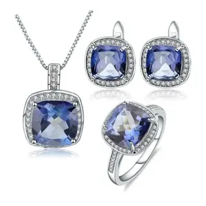 高级珠宝 925 纯银蓝色神秘石英项链耳环戒指套装