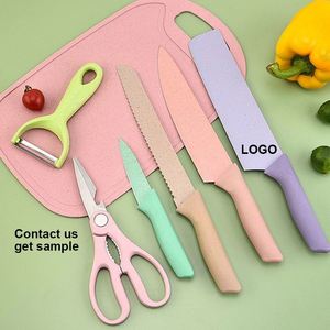 Juego de Cuchillos de Cocina Multifuncionales de Paja de Trigo Color Macarrón, Cuchillos para Frutas y Verduras con Tabla de Cortar - Product Image 1